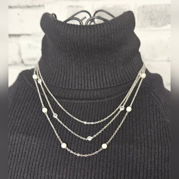 Silver Plated with Faux Pearls and Crystals 3 Layer Necklace - Picture 2 of 6